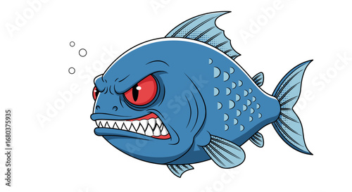 An illustration of a fierce blue piranha fish with sharp teeth and glowing red eyes showing aggression with small bubbles in the background