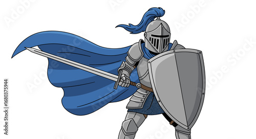 A gallant knight in shining armor with a blue cape holds a sword and shield ready for battle