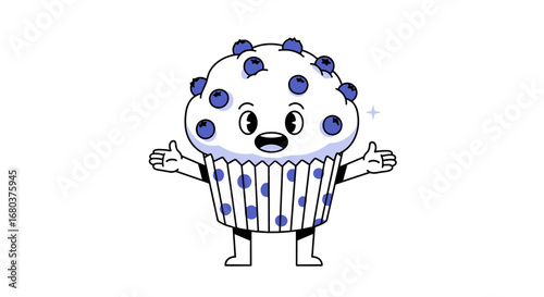 Friendly cartoon blueberry muffin character waving with a big smile and sparkles