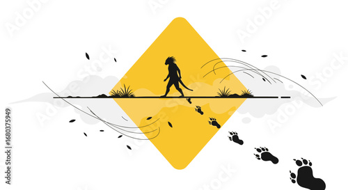 Silhouette of a person with a mane walking across a yellow rhombus against a white background with footprints and scattered debris suggesting motion and travel