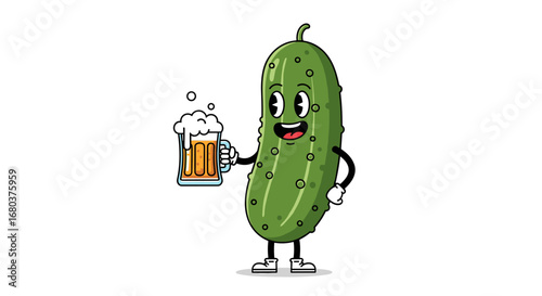 A cartoon pickle with a happy face and arms holding a mug of beer with foam on top on a white background