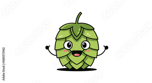 Adorable cute green hop cone character with wide open mouth and happy excited eyes cheerful and playful design