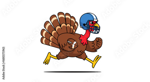 Funny cartoon turkey wearing football helmet running fast for thanksgiving football game