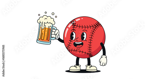 Vintage baseball character holding a frothy mug of beer in a toasting gesture