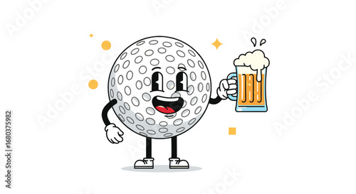 Funny golf ball character holding a delicious frothy beer mug with a big smile
