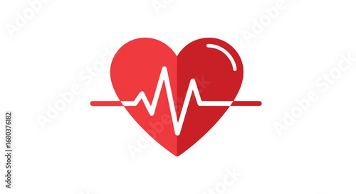 A vibrant red heart symbol interweaves with a white pulse line on a stark white background in modern flat design for health awareness campaigns