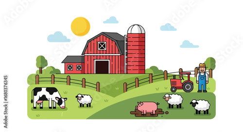 Charming Farm Scene Illustration Featuring Barn, Animals, Farmer and Tractor Amidst Rolling Green Hills under a Sunny Sky