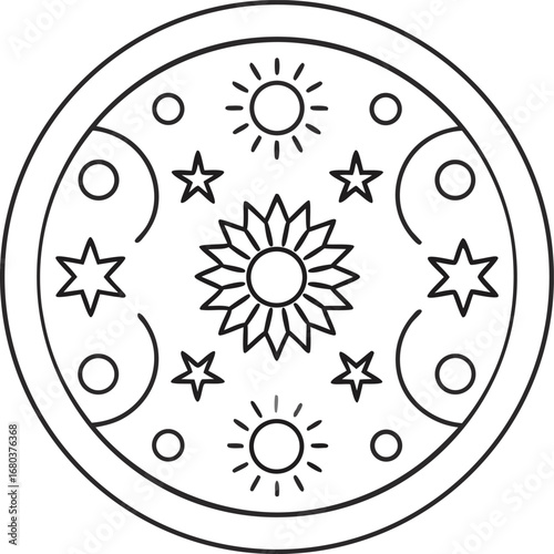 Harmonious celestial circle design with sun and stars for spiritual and mystical themes, perfect for tattoo or print design