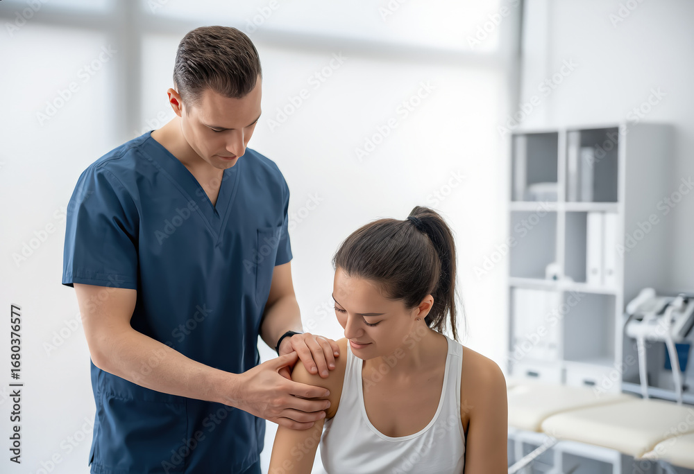 Obraz premium A healthcare professional provides essential support and assistance to a patient in a modern clinic setting