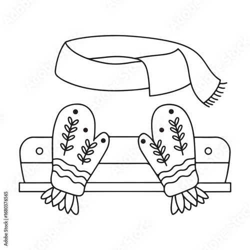 Winter accessories including a scarf and mittens resting on a bench in a minimalist line art style