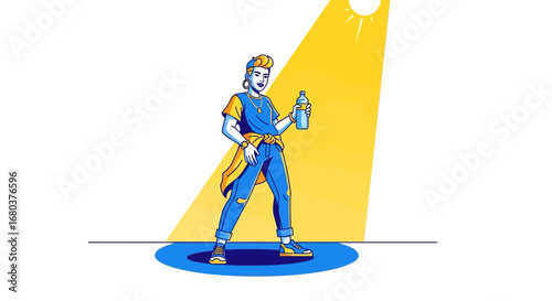 Stylish Figure Illuminated in a Bright Spotlight Holding Water Bottle, Trendy Fashion