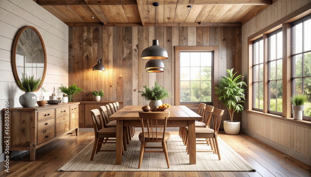 Fototapeta premium Inviting farmhouse dining room with wooden table, pendant lights, and natural elements