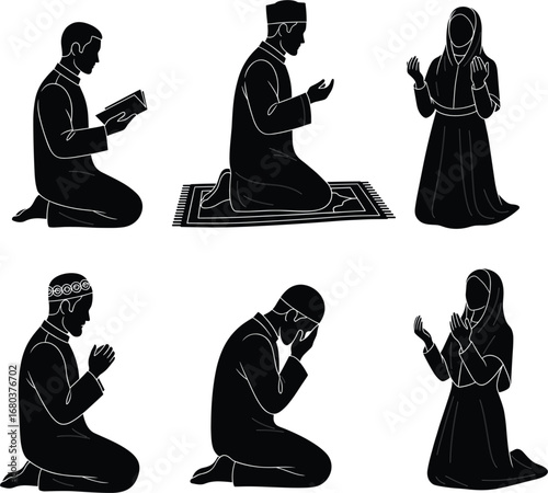Muslim men and women praying, reading Quran, and making dua in different sitting positions with modest Islamic dress and posture