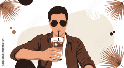 Stylish Individual Sipping Refreshing Drink in Contemporary Artistic Illustration
