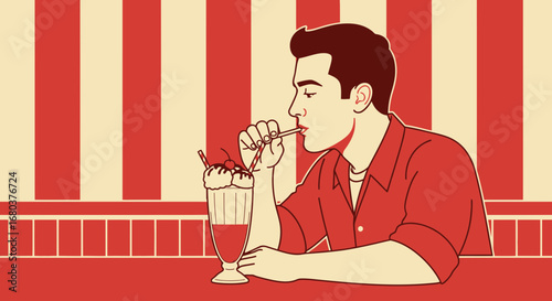 Stylish Man Enjoys Refreshing Drink In Classic Retro Diner Setting, Enjoying Sweet Treat