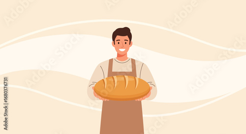 Smiling Baker Shows Fresh Bread, Promoting Deliciousness For Culinary Enthusiasts