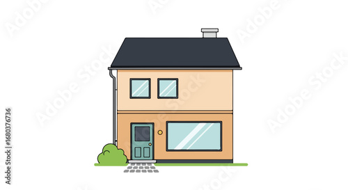 Charming Two-Story Dwelling: A Cartoon Home with Modern Architectural Simplicity and a touch of whimsical appeal and a manicured garden space, set