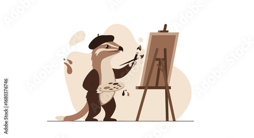 Stylish Otter Artist Painting On Canvas With Beret And Palette In Studio