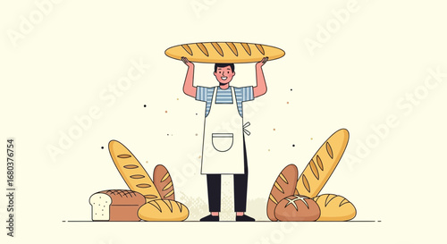 Smiling Baker Shows His Freshly Baked Bread, Ready for The Customers Daily.