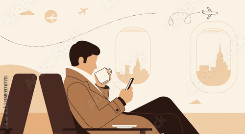 Stylish Passenger Relaxes On Flight, Enjoying Beverage And Cityscape Views