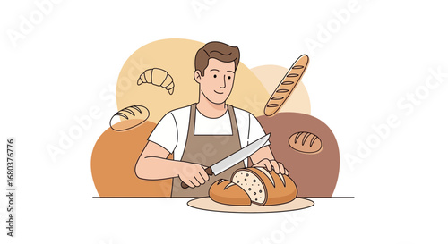 Smiling Baker Slicing Bread With Sharp Knife In Bakery Shop Delicious Loaves