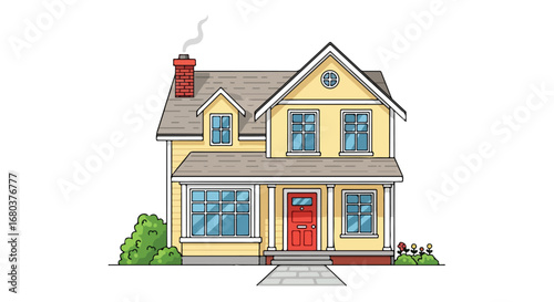 Charming two-story home with red door illustration showcasing detailed architectural features and inviting curb appeal against a bright white backdrop