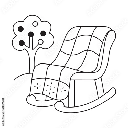 Line art illustration of a rocking chair with a plaid blanket and a small tree furniture home