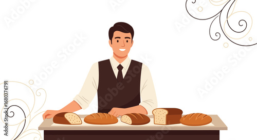 Smiling Baker Standing At A Table Displaying Freshly Baked Artisan Bread Products