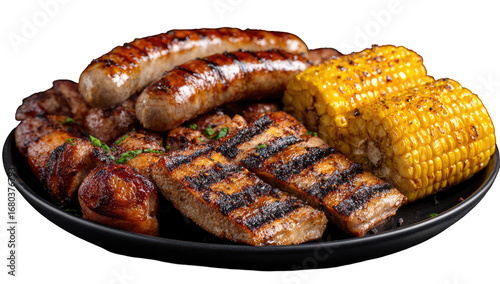 Assorted grilled meats and corn on a dark plate