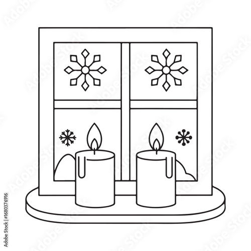 Two lit candles on a windowsill with snowflakes outside a window pane flame dripping