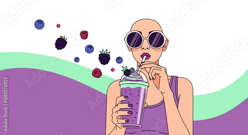 Stylish Woman Enjoying a Refreshing Smoothie Drink in Vibrant Graphic Illustration