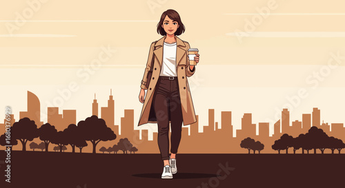 Stylish Woman Enjoying Her Coffee While Strolling Through City Landscape