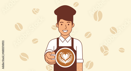 Smiling Barista Holding Coffee With Latte Art Illustration Surrounded By Coffee Beans