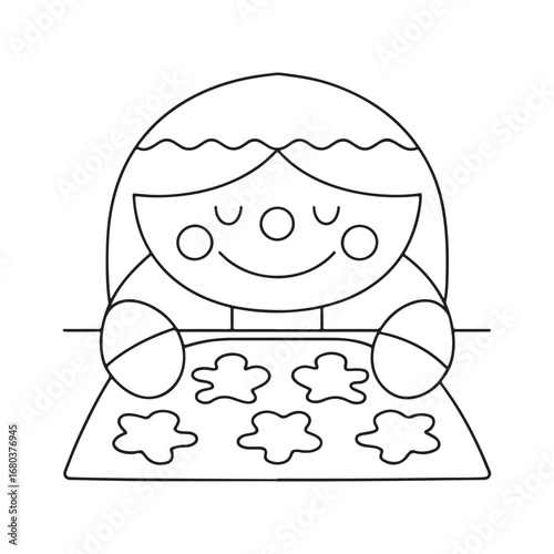 Simple Line Drawing of a Happy Child Making Cookies on a Baking Sheet line art