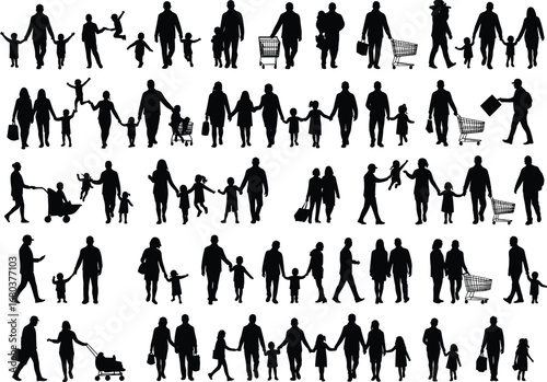Silhouettes of diverse families walking, parents holding children, shopping carts, strollers, family 