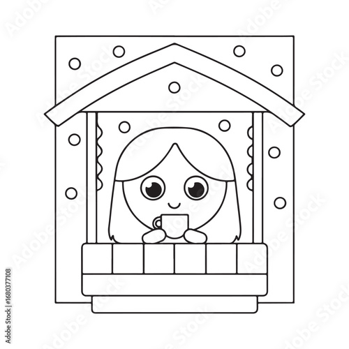 A girl peeking from behind a window sill holding a mug with snowflakes falling outside vector illustration