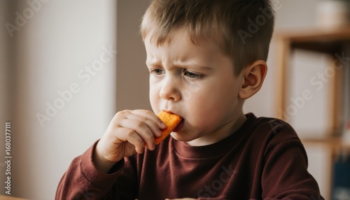 Child enjoying healthy snack home kitchen candid photograph indoor setting close-up nutritional awareness