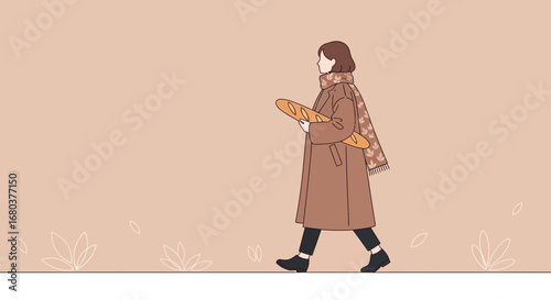 Stylish Woman Strolling With Freshly Baked Bread In A Warm Autumn Outfit