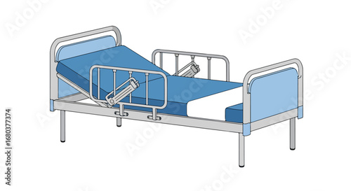 Illustration of an adjustable hospital bed for medical use, showing functionality and patient comfort, suitable for hospital furniture advertisement