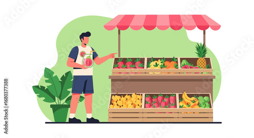 Summer Day Illustration Of Person Enjoying Fresh Fruit Juice Near Fruit Stand
