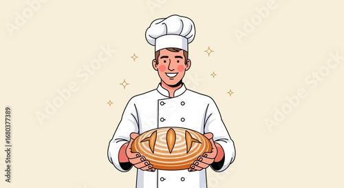 Smiling Chef Holding Freshly Baked Loaf of Bread in Bakery, Ready to Serve Customers Delightfully