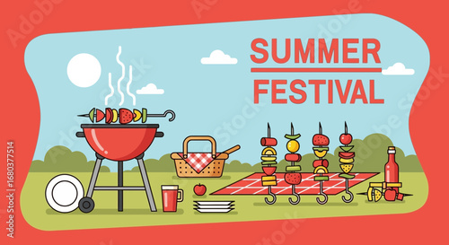 Summer Festival Gathering Of Food And Drinks On A Sunny Day Picnic Time