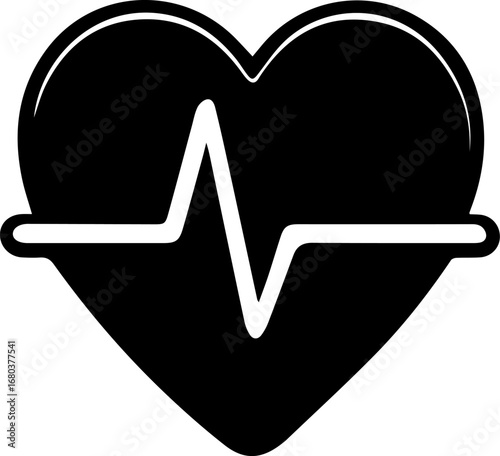 Black and white heart with a line through it. The heart is surrounded by a line that looks like an ECG. Concept of health and the importance of monitoring one's heart rate