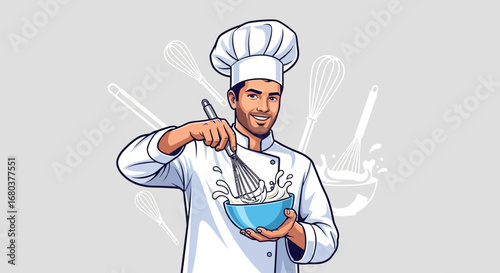 Smiling Chef Whipping Ingredients in a Bowl, Ready to Bake a Delightful Culinary Creation