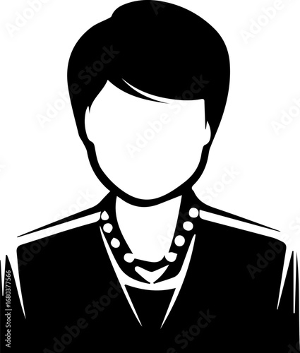 Woman is wearing a black jacket and necklace. The jacket is black and the necklace is made of pearls. The woman has a serious expression on her face