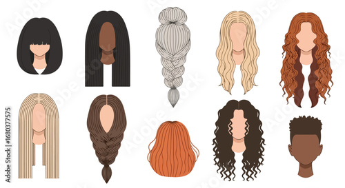 Diverse hairstyles illustration showcasing a variety of cuts, colors, and textures for digital design projects and style guides offering visual