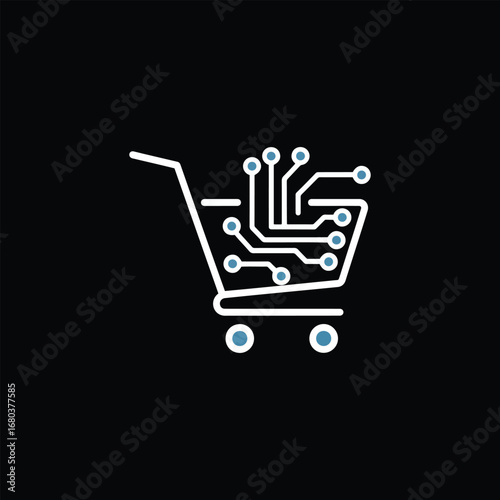 Digital shopping cart icon with circuit board elements representing online commerce on a black background.