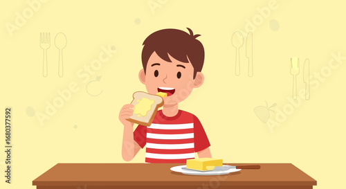 Smiling Child Enjoying Buttered Toast at Breakfast with Illustration.
