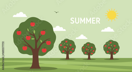 Summer Orchard Scene with Apple Trees Under a Bright Sunny Sky Depiction