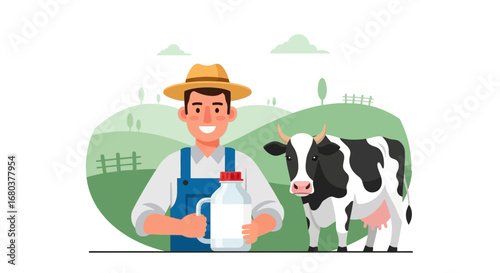 Smiling Farmer Presenting Fresh Milk with Curious Cow in Pastoral Farmland Setting
